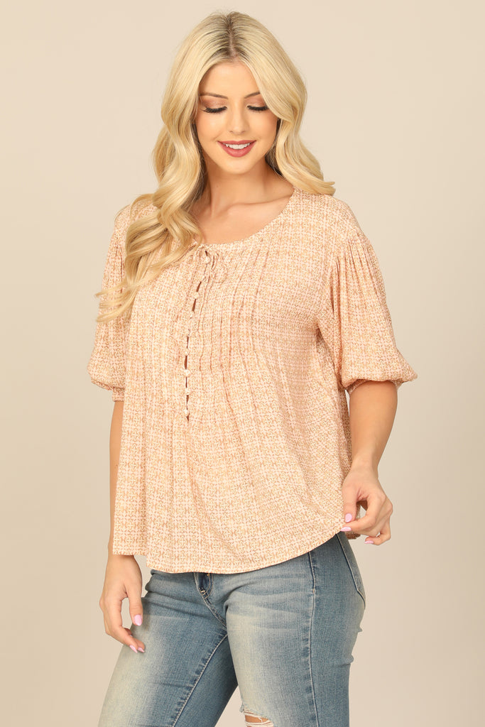 PUFF SLEEVE BUTTON DETAIL PRINTED TOP