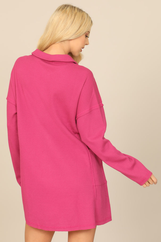 LONG SLEEVE COLLARED BUTTON DETAIL TEXTURED MINI DRESS