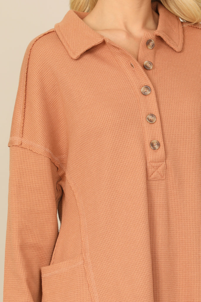 LONG SLEEVE COLLARED BUTTON DETAIL TEXTURED MINI DRESS