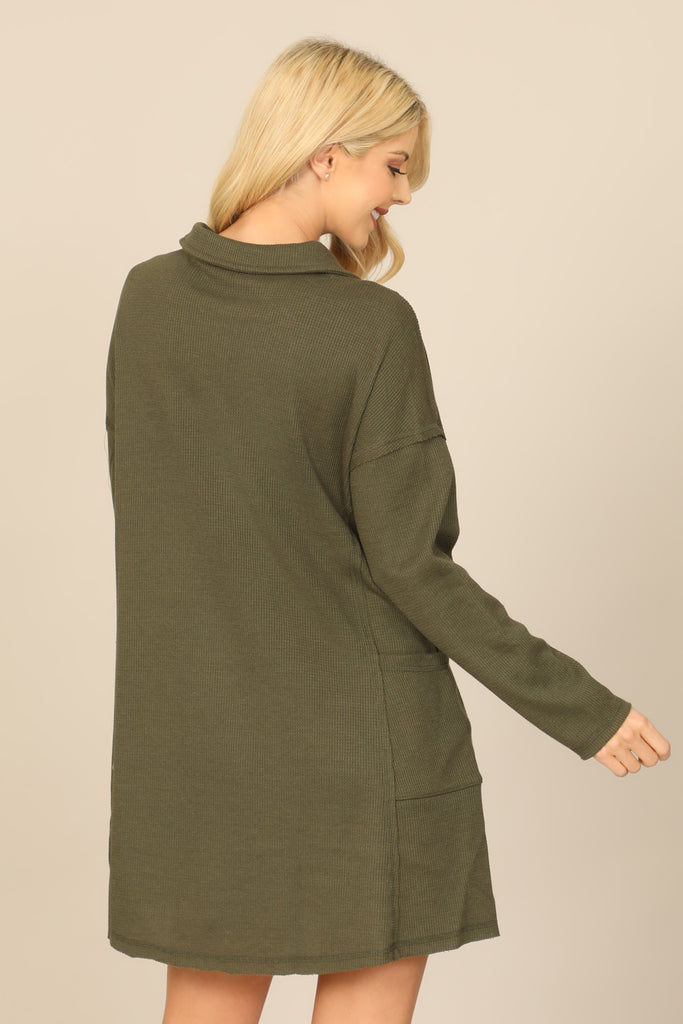 LONG SLEEVE COLLARED BUTTON DETAIL TEXTURED MINI DRESS