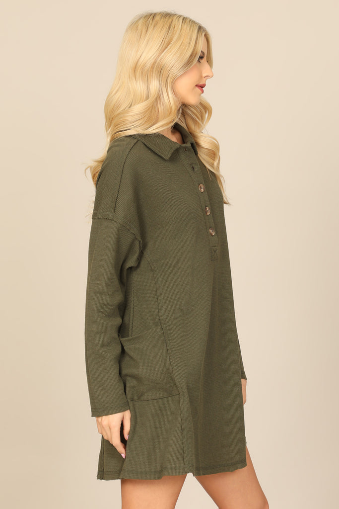 LONG SLEEVE COLLARED BUTTON DETAIL TEXTURED MINI DRESS