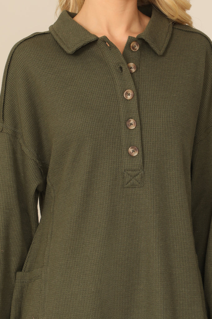 LONG SLEEVE COLLARED BUTTON DETAIL TEXTURED MINI DRESS