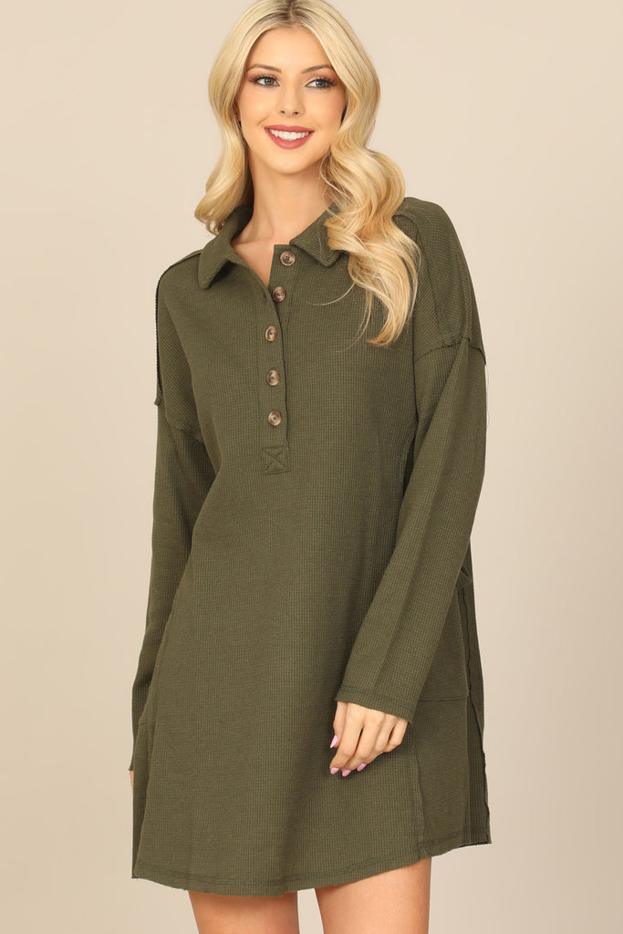 LONG SLEEVE COLLARED BUTTON DETAIL TEXTURED MINI DRESS