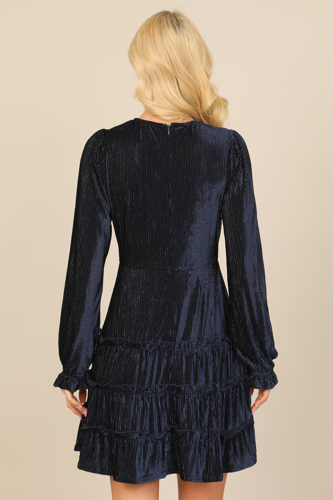 VELVET V-NECK LONG SLEEVE SILVER LINING RUFFLE DRESS