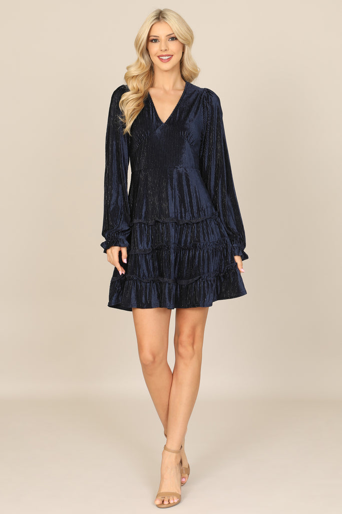 VELVET V-NECK LONG SLEEVE SILVER LINING RUFFLE DRESS