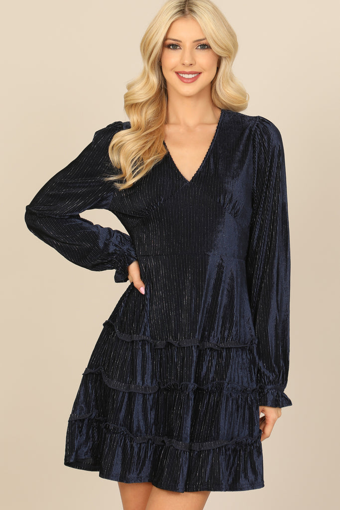 VELVET V-NECK LONG SLEEVE SILVER LINING RUFFLE DRESS