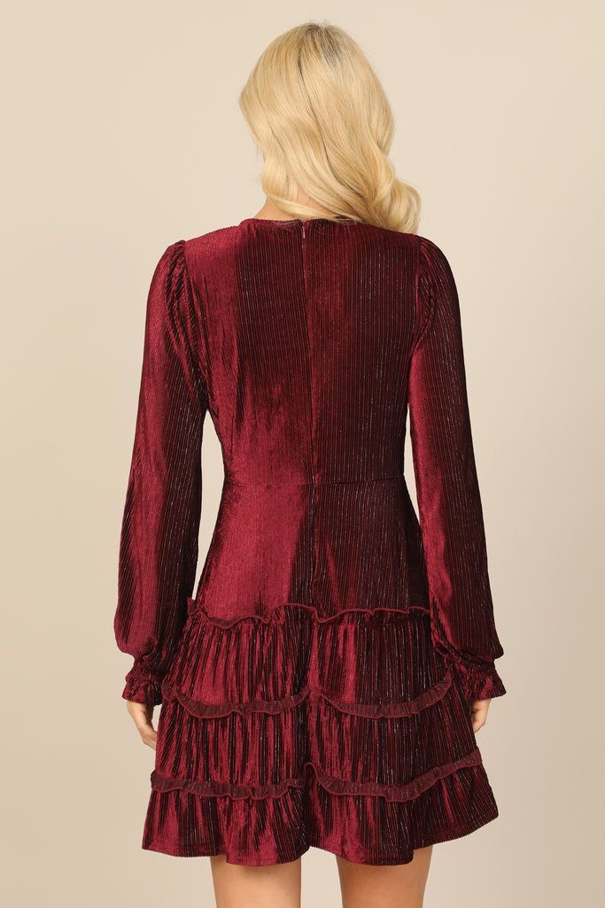 VELVET V-NECK LONG SLEEVE SILVER LINING RUFFLE DRESS