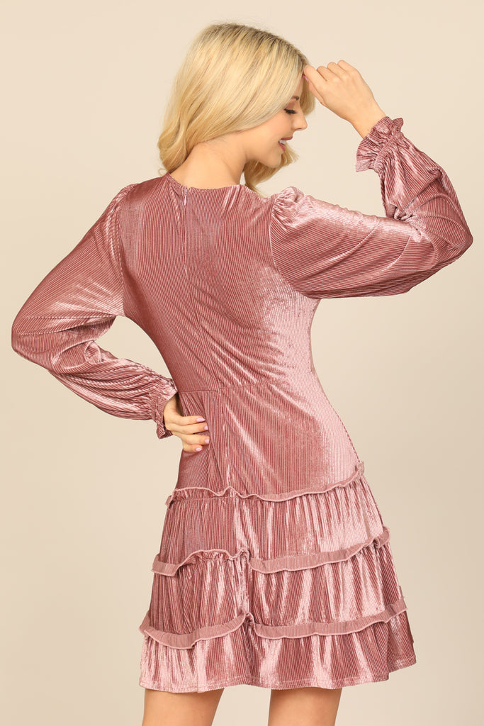 VELVET V-NECK LONG SLEEVE SILVER LINING RUFFLE DRESS
