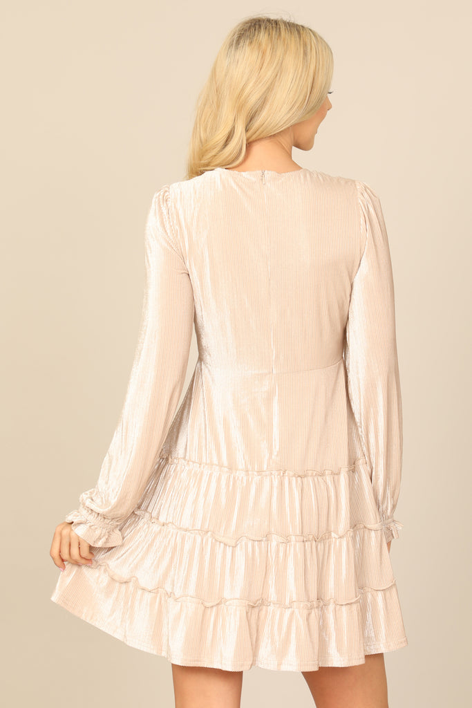 VELVET V-NECK LONG SLEEVE SILVER LINING RUFFLE DRESS