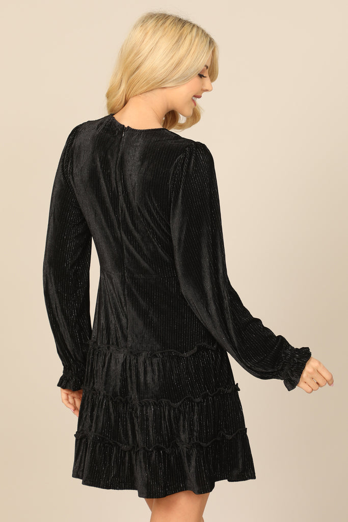 VELVET V-NECK LONG SLEEVE SILVER LINING RUFFLE DRESS