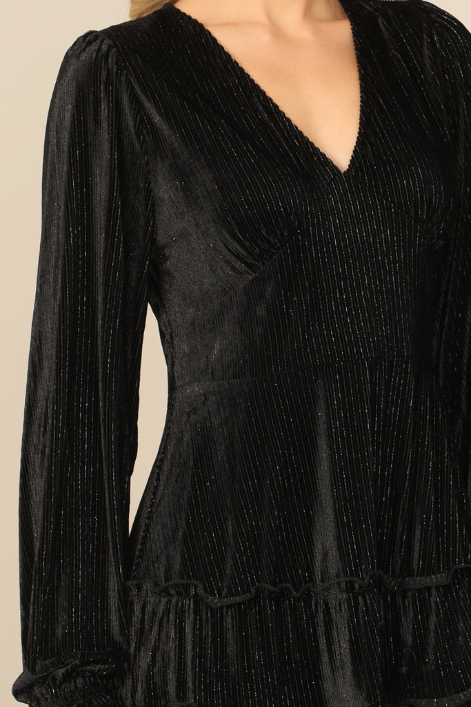 VELVET V-NECK LONG SLEEVE SILVER LINING RUFFLE DRESS