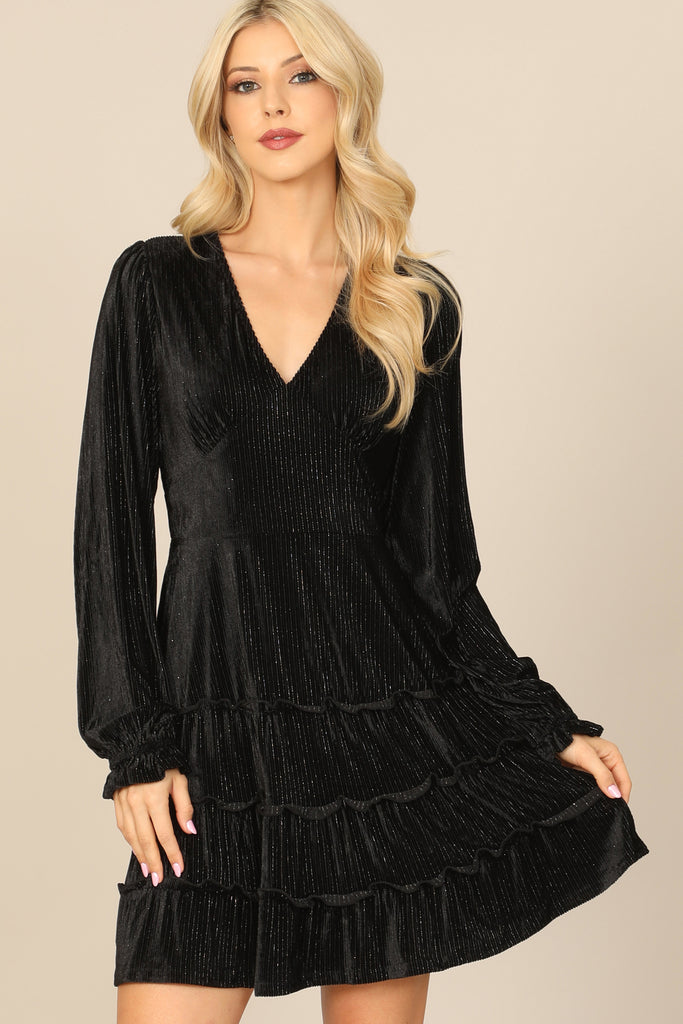 VELVET V-NECK LONG SLEEVE SILVER LINING RUFFLE DRESS