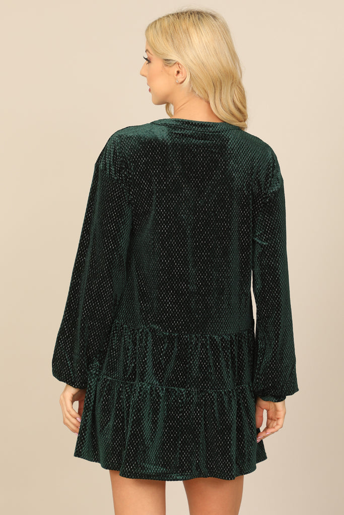 VELVET LONG PUFF SLEEVE BUTTON DETAIL SILVER DETAIL DRESS