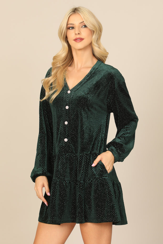 VELVET LONG PUFF SLEEVE BUTTON DETAIL SILVER DETAIL DRESS