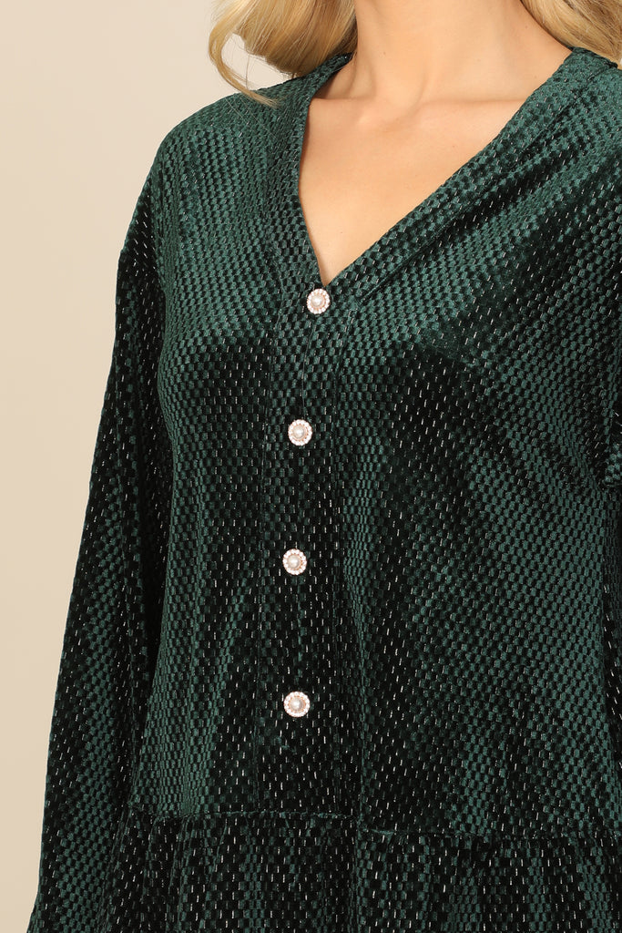 VELVET LONG PUFF SLEEVE BUTTON DETAIL SILVER DETAIL DRESS