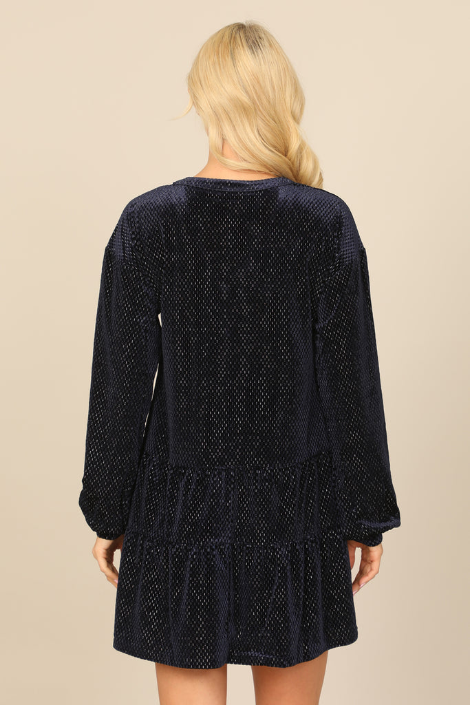 VELVET LONG PUFF SLEEVE BUTTON DETAIL SILVER DETAIL DRESS