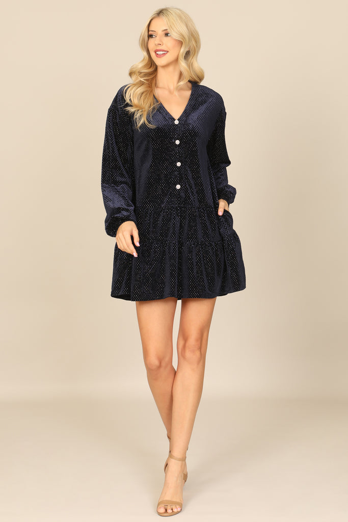VELVET LONG PUFF SLEEVE BUTTON DETAIL SILVER DETAIL DRESS