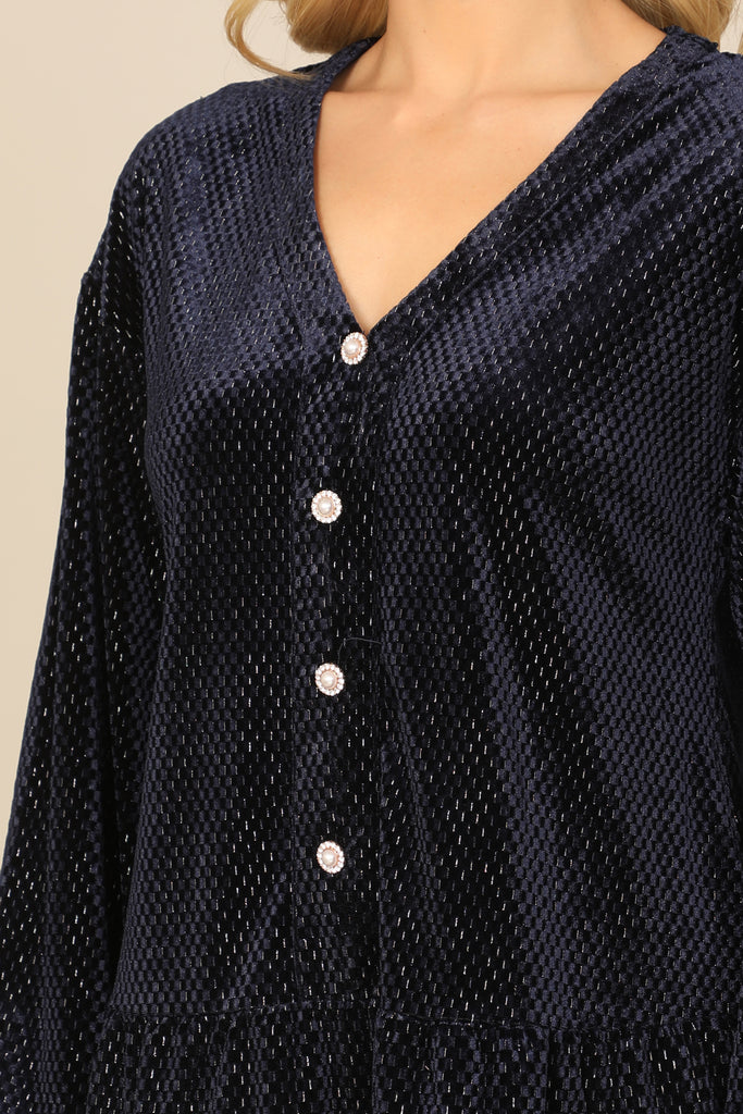 VELVET LONG PUFF SLEEVE BUTTON DETAIL SILVER DETAIL DRESS