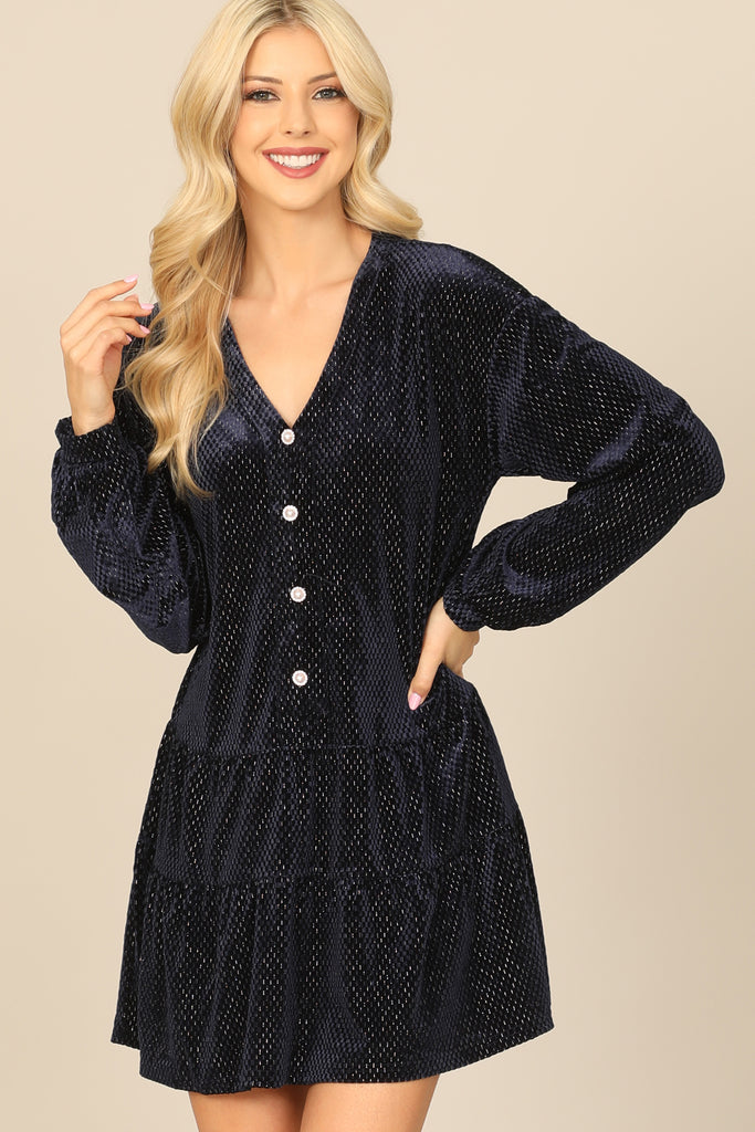 VELVET LONG PUFF SLEEVE BUTTON DETAIL SILVER DETAIL DRESS