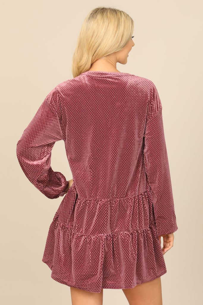 VELVET LONG PUFF SLEEVE BUTTON DETAIL SILVER DETAIL DRESS