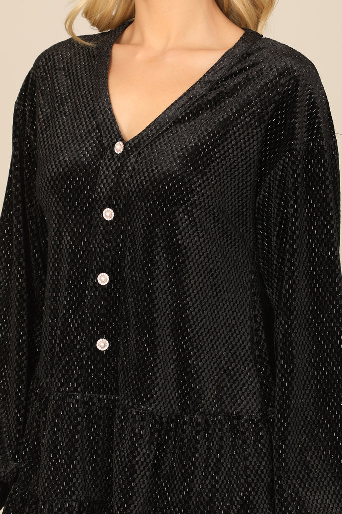 VELVET LONG PUFF SLEEVE BUTTON DETAIL SILVER DETAIL DRESS