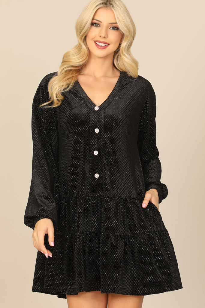 VELVET LONG PUFF SLEEVE BUTTON DETAIL SILVER DETAIL DRESS