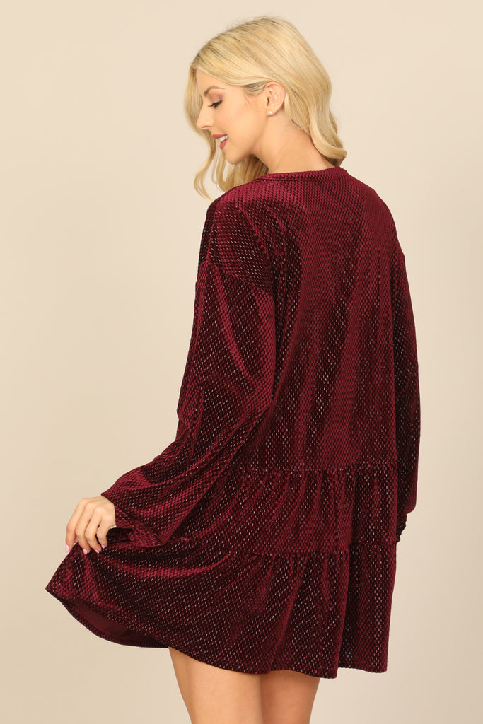 VELVET LONG PUFF SLEEVE BUTTON DETAIL SILVER DETAIL DRESS