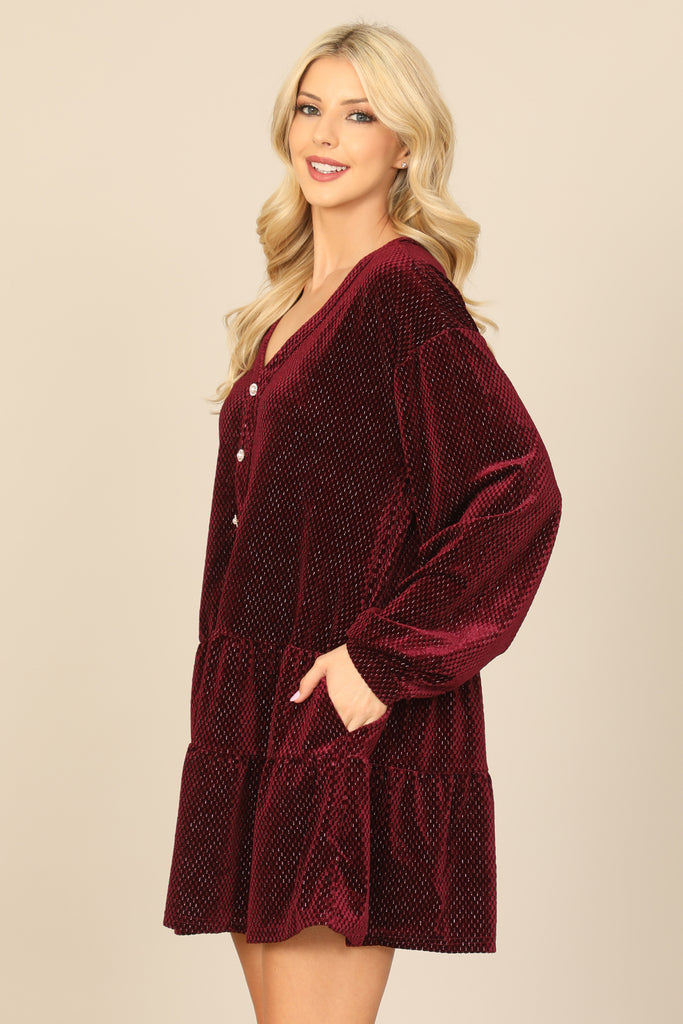 VELVET LONG PUFF SLEEVE BUTTON DETAIL SILVER DETAIL DRESS