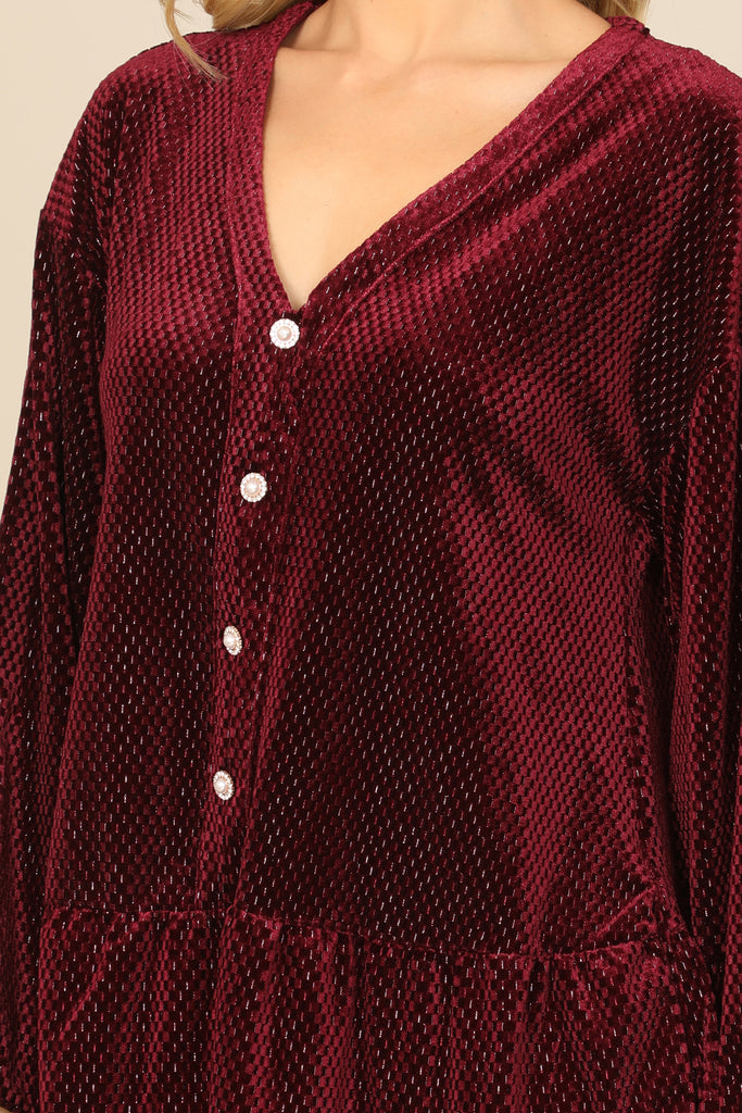 VELVET LONG PUFF SLEEVE BUTTON DETAIL SILVER DETAIL DRESS