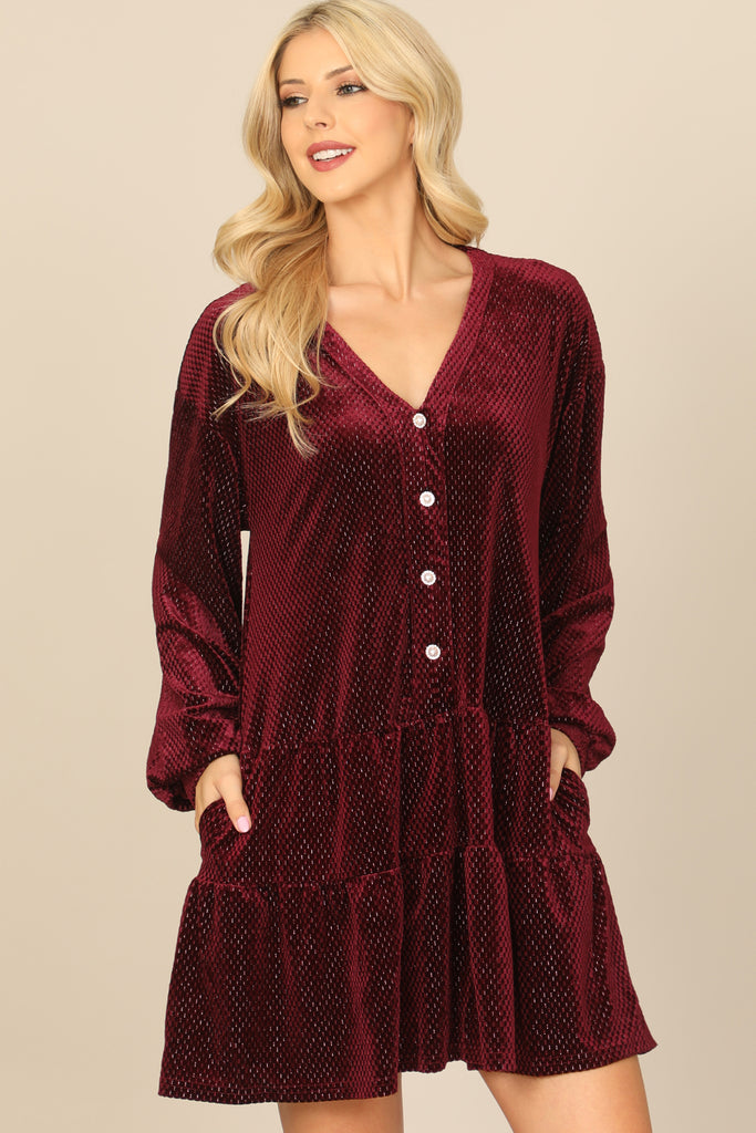 VELVET LONG PUFF SLEEVE BUTTON DETAIL SILVER DETAIL DRESS