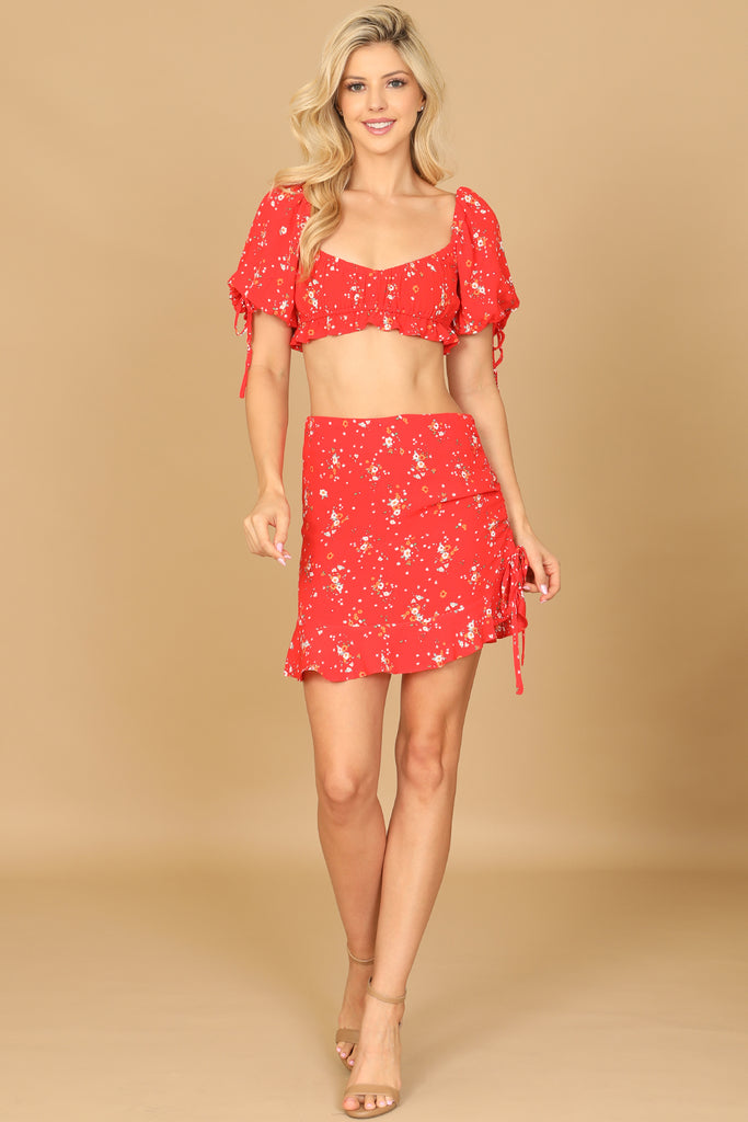 FLORAL TIE SLEEVE BRALETTE TOP & RUCHED SKIRT SET - Riah Fashion