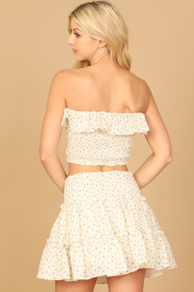 FLORAL TUBE RUFFLE CROP TOP & SMOCKED SKIRT SET - Riah Fashion