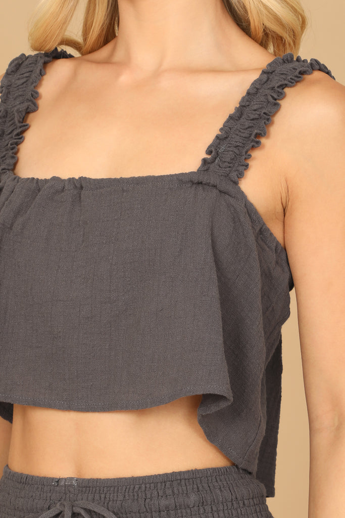 RUFFLE STRAP FLOWY CROP TOP & FLOUNCE PANTS SET