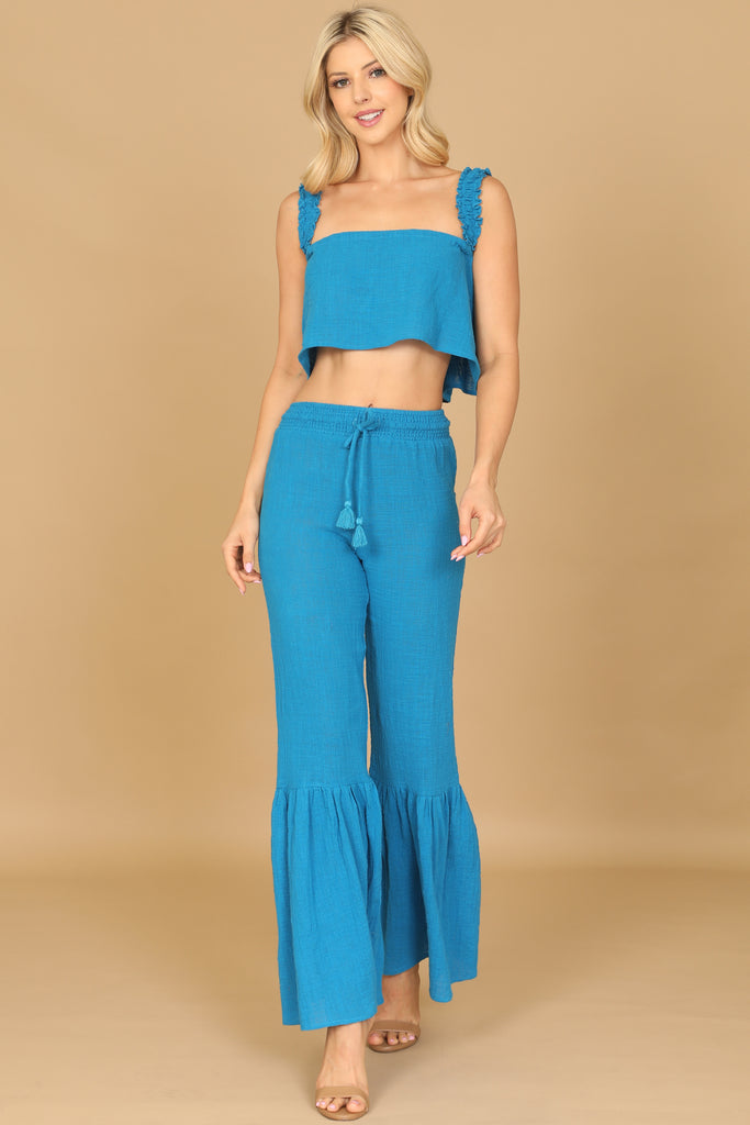 RUFFLE STRAP FLOWY CROP TOP & FLOUNCE PANTS SET