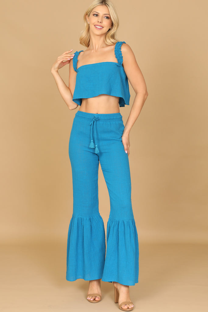 RUFFLE STRAP FLOWY CROP TOP & FLOUNCE PANTS SET