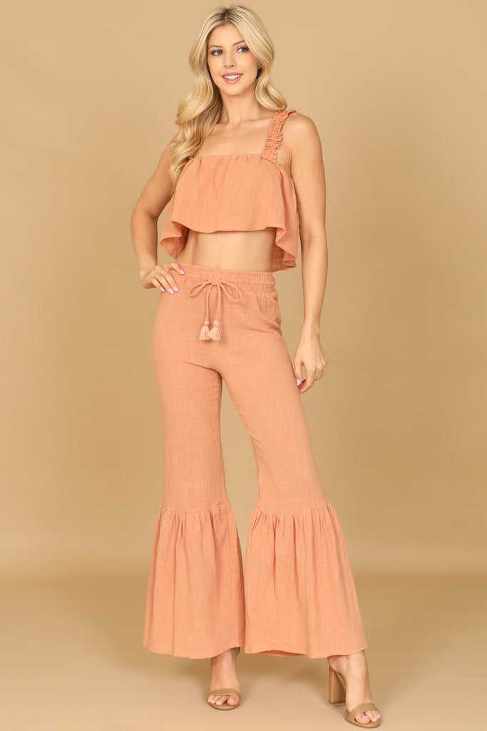 RUFFLE STRAP FLOWY CROP TOP & FLOUNCE PANTS SET