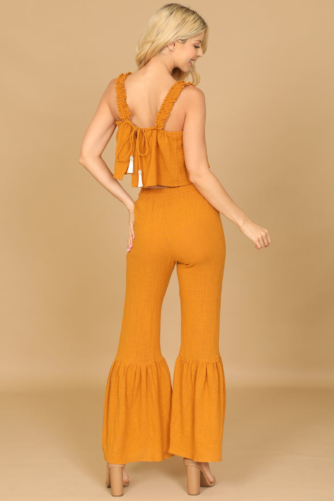 RUFFLE STRAP FLOWY CROP TOP & FLOUNCE PANTS SET