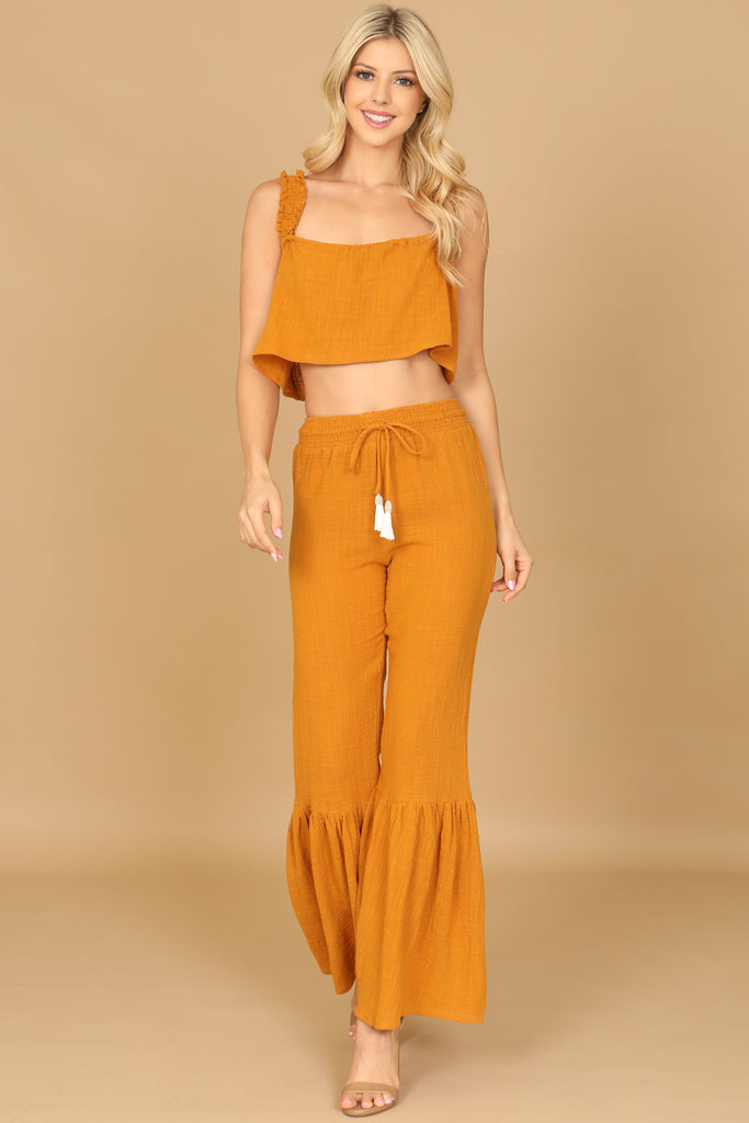 RUFFLE STRAP FLOWY CROP TOP & FLOUNCE PANTS SET