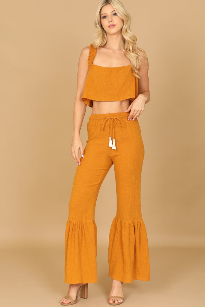 RUFFLE STRAP FLOWY CROP TOP & FLOUNCE PANTS SET