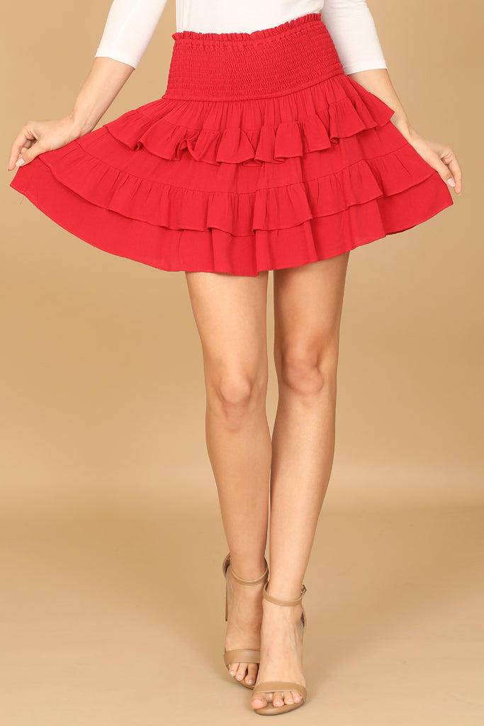 SMOCKED WAIST RUFFLE LAYERED HEM SKIRT