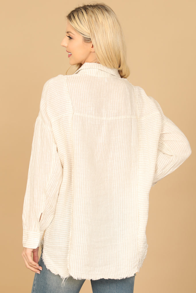 LONG SLEEVE COLLARED BUTTON DETAIL STRIPE TOP