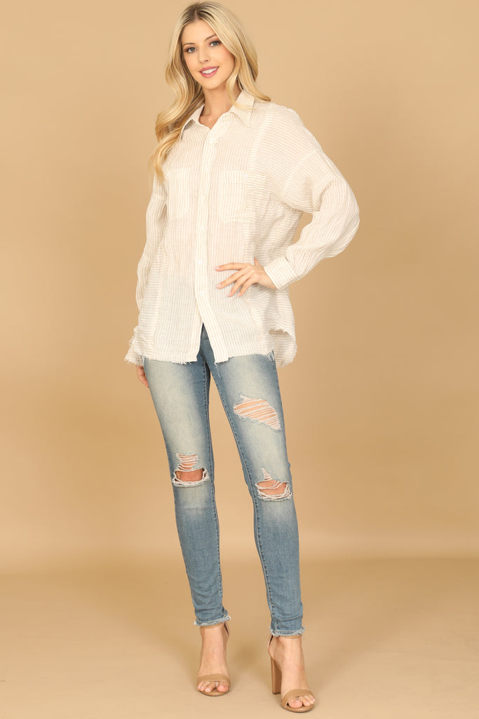 LONG SLEEVE COLLARED BUTTON DETAIL STRIPE TOP