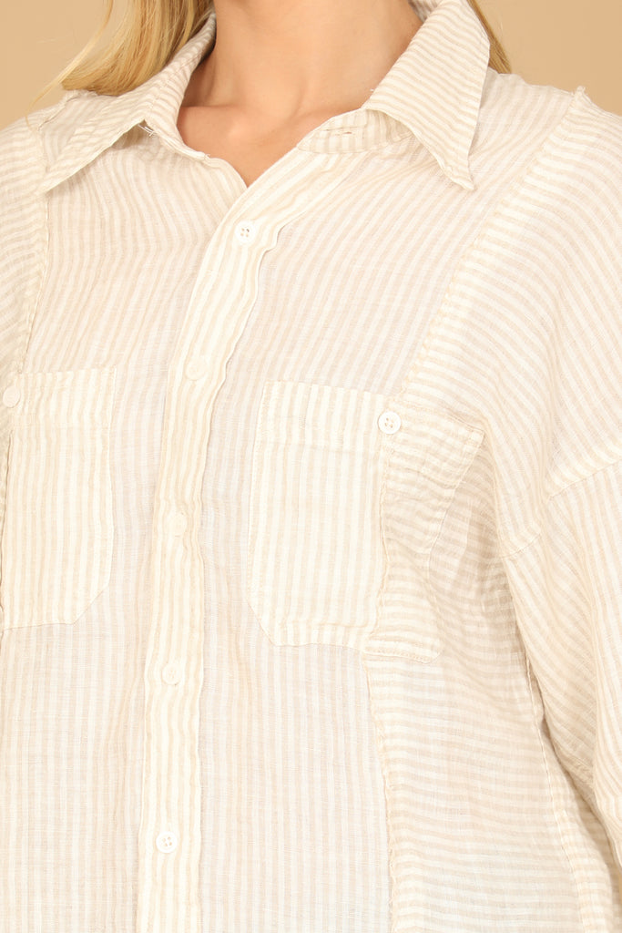 LONG SLEEVE COLLARED BUTTON DETAIL STRIPE TOP