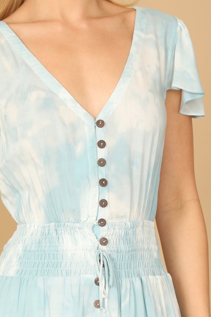 V-NECK BUTTON DETAIL RUFFLE SLEEVE HI-LOW HEM TIE DYE MAXI DRESS