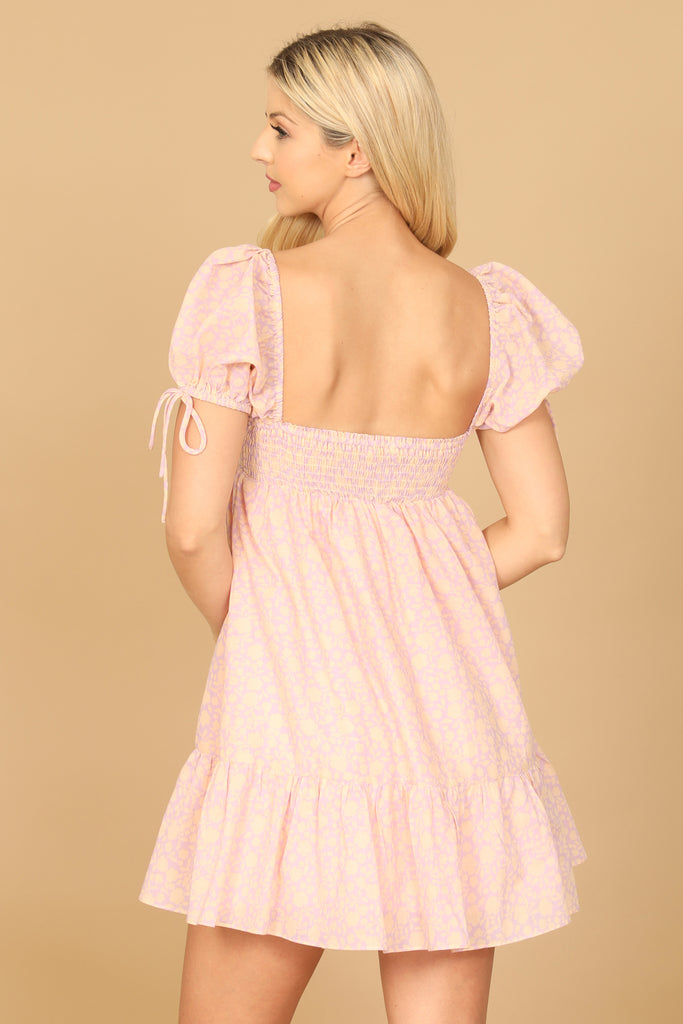 PUFF TIE SLEEVE SWEETHEART NECK BABYDOLL TIERED FLORAL MINI DRESS