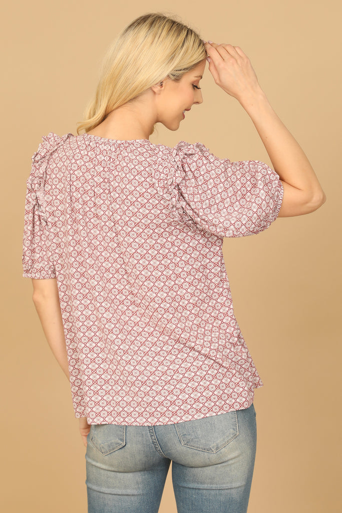 KEYHOLE TIE PUFF SLEEVE PRINTED TOP