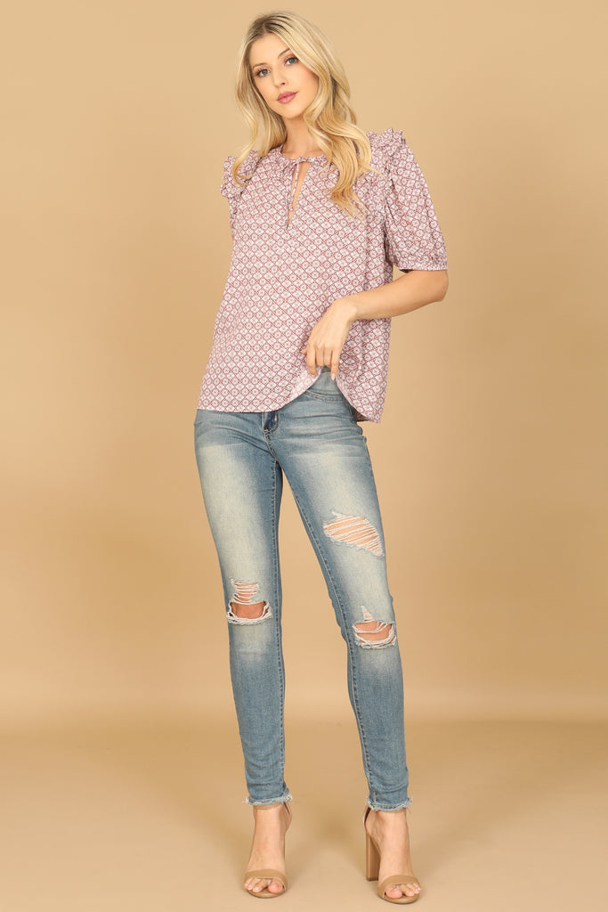 KEYHOLE TIE PUFF SLEEVE PRINTED TOP