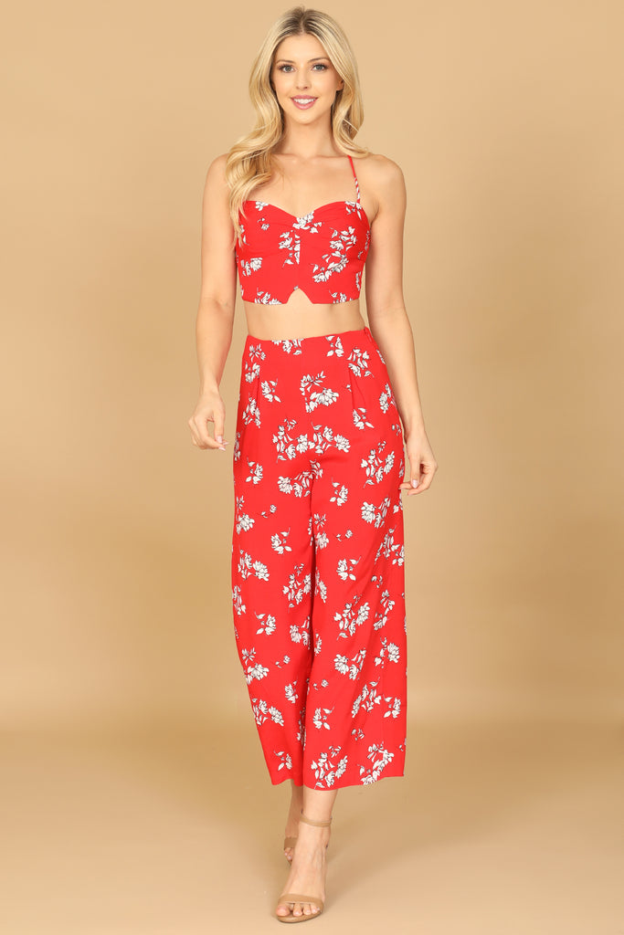 SPAGHETTI STRAP FLORAL CROP TOP & PANTS SET