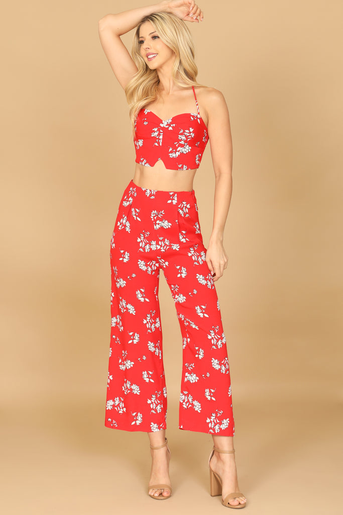 SPAGHETTI STRAP FLORAL CROP TOP & PANTS SET
