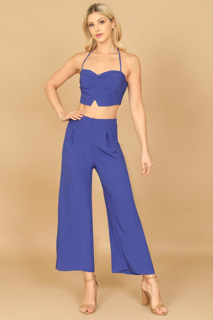 SPAGHETTI STRAP SOLID CROP TOP & PANTS SET